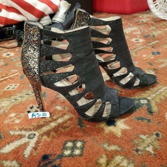 Vince Camuto Caged Heels 7.5 Black Leather Glitter Back Zip Bootie Shoe - Picture 7 of 11